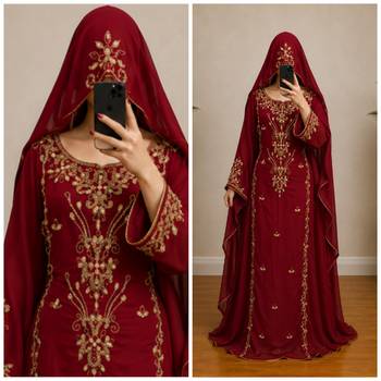 Maroon Gold Embroidered Kaftan Dress 3