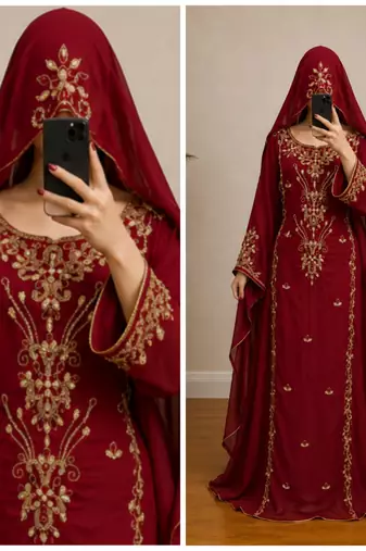 Maroon Gold Embroidered Kaftan Dress