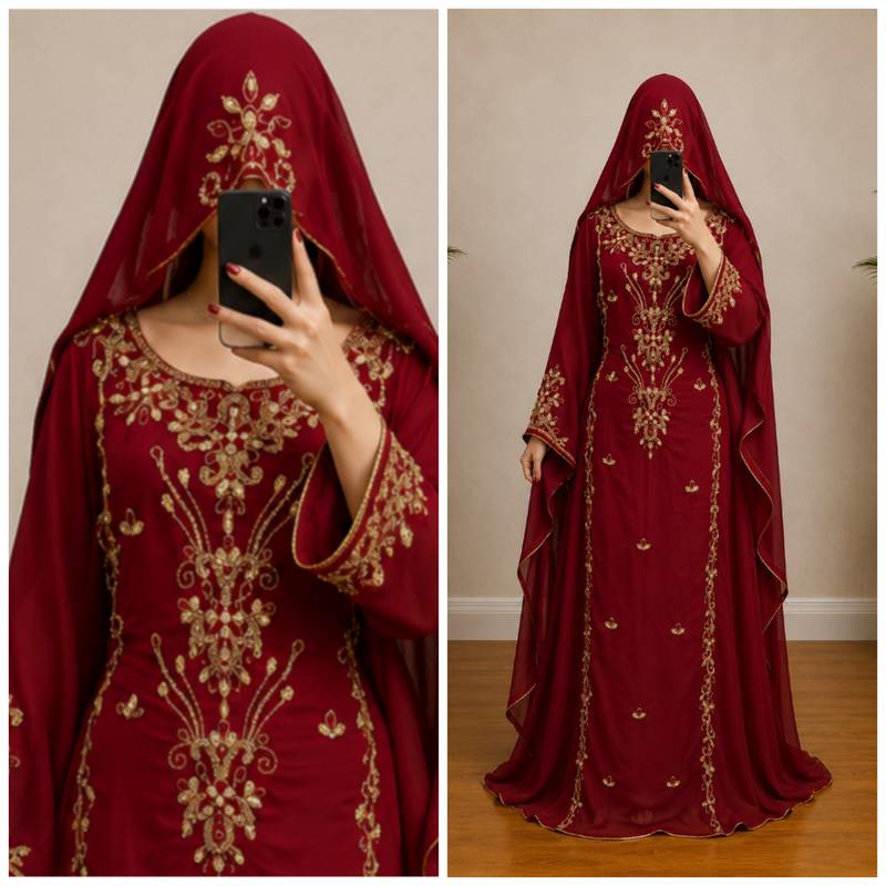 Maroon Gold Embroidered Kaftan Dress