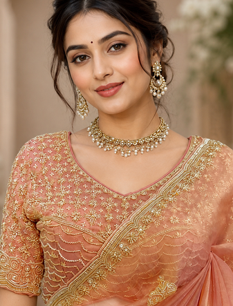 Peach Pearl with Heavy Beads work Silk Blend Saree