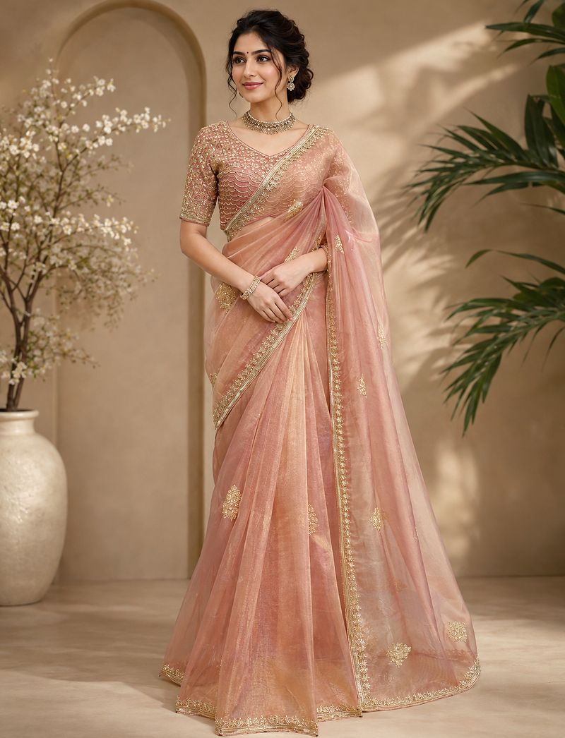 Peach Color Pearl with Heavy Beads work Silk Blend Saree