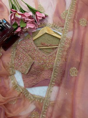 Peach Color Pearl with Heavy Beads work Silk Blend Saree 3
