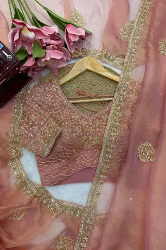 Peach Color Pearl with Heavy Beads work Silk Blend Saree
