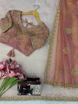 Peach Color Pearl with Heavy Beads work Silk Blend Saree 4