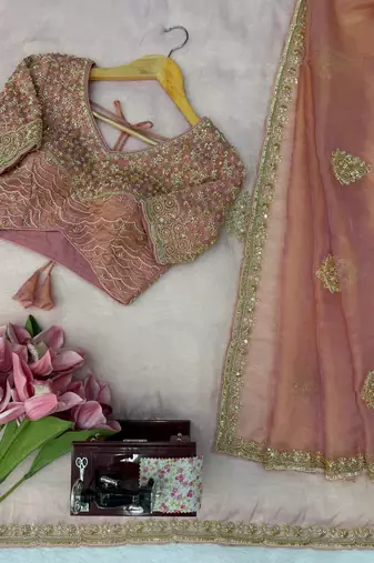 Peach Color Pearl with Heavy Beads work Silk Blend Saree