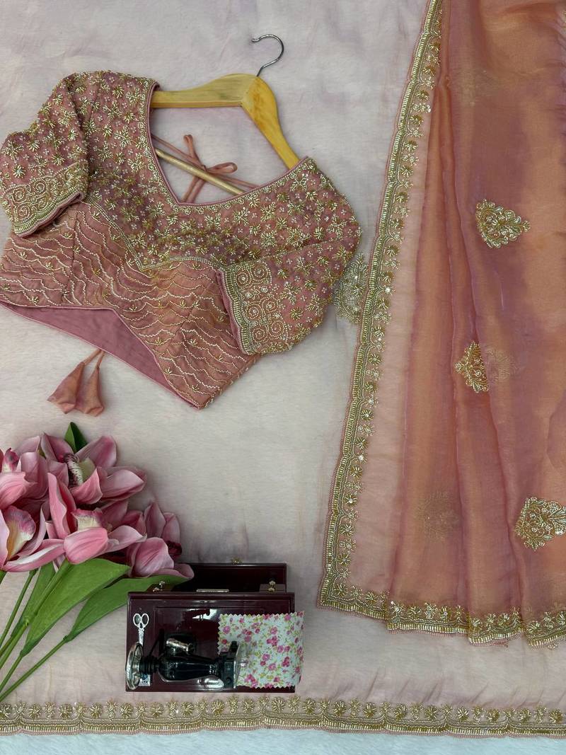 Peach Color Pearl with Heavy Beads work Silk Blend Saree