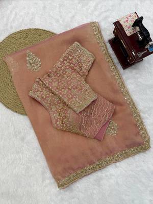 Peach Color Pearl with Heavy Beads work Silk Blend Saree 5