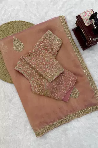 Peach Color Pearl with Heavy Beads work Silk Blend Saree