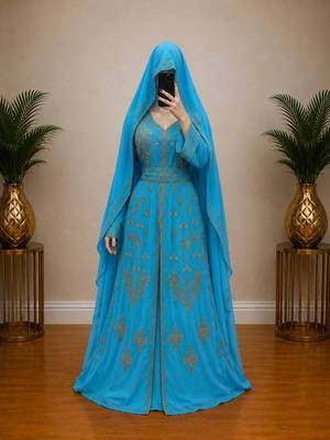 Sky blue Gold Embroidered Kaftan Dress 1