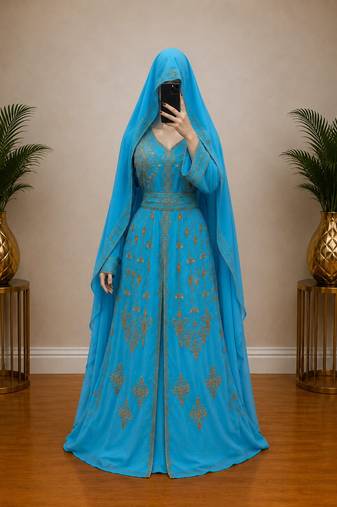 Sky blue Gold Embroidered Kaftan Dress