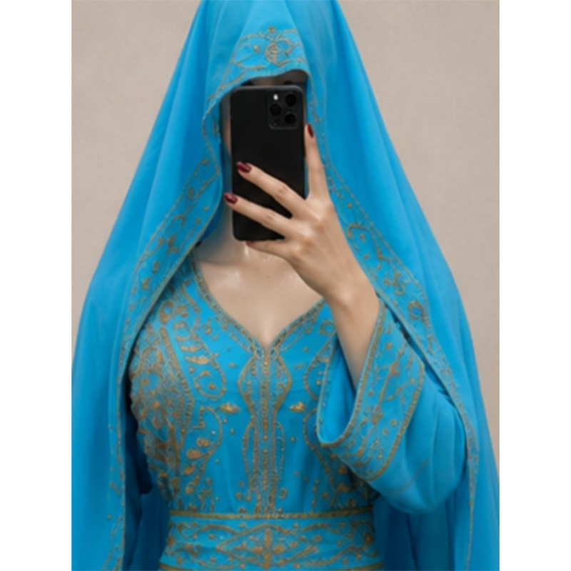 Sky blue Gold Embroidered Kaftan Dress
