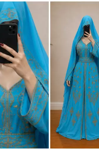 Sky blue Gold Embroidered Kaftan Dress
