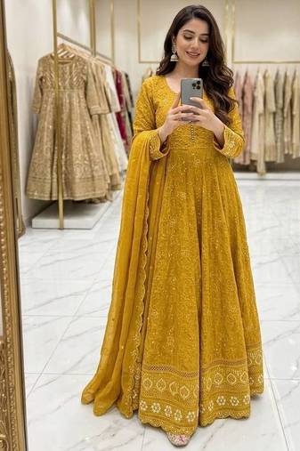 yellow color embroidery sequin work faux georgette gown set