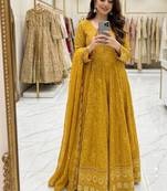 yellow color embroidery sequin work faux georgette gown set