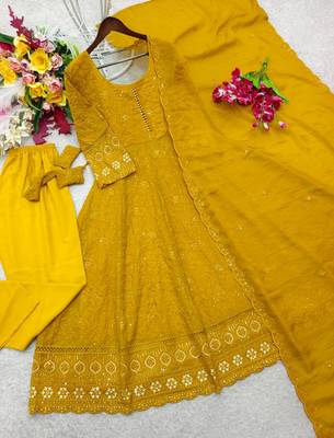 yellow color embroidery sequin work faux georgette gown set 2