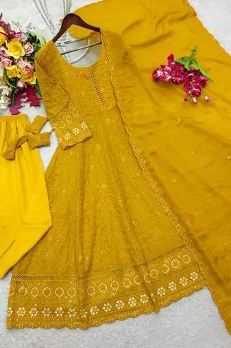 yellow color embroidery sequin work faux georgette gown set