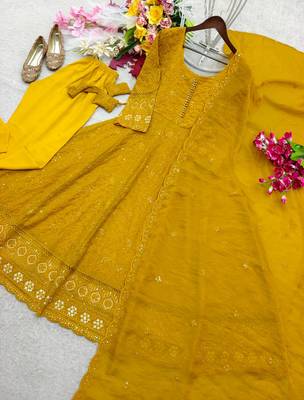 yellow color embroidery sequin work faux georgette gown set 3