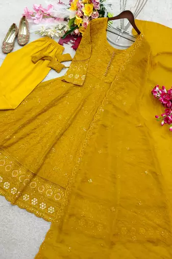 yellow color embroidery sequin work faux georgette gown set