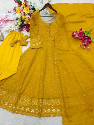 yellow color embroidery sequin work faux georgette gown set 4