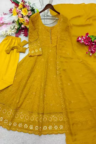 yellow color embroidery sequin work faux georgette gown set