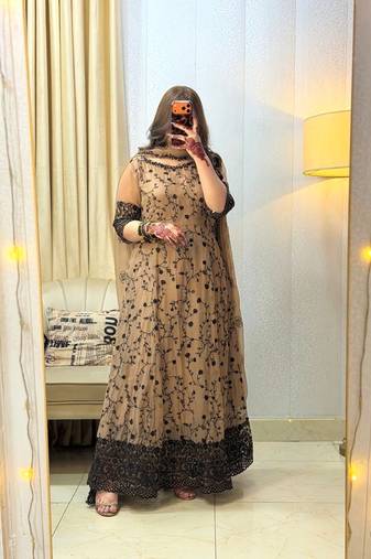 cream color embroidery sequin work faux georgette gown set