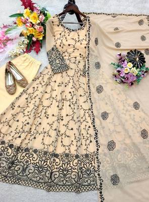 cream color embroidery sequin work faux georgette gown set 2