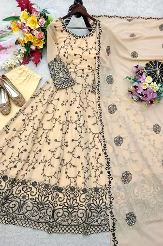 cream color embroidery sequin work faux georgette gown set