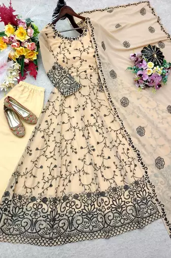 cream color embroidery sequin work faux georgette gown set