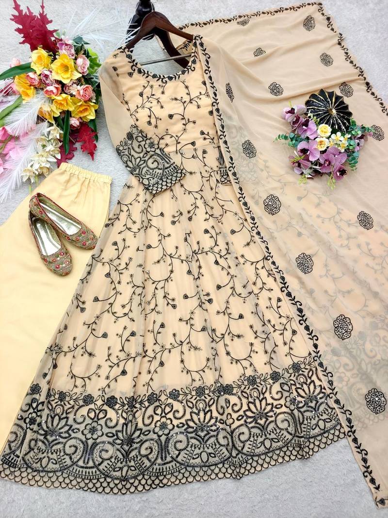 cream color embroidery sequin work faux georgette gown set