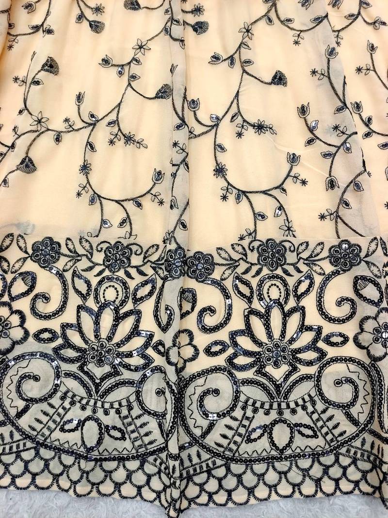 cream color embroidery sequin work faux georgette gown set