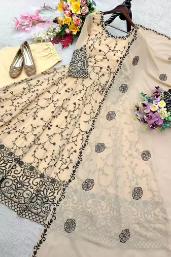 cream color embroidery sequin work faux georgette gown set