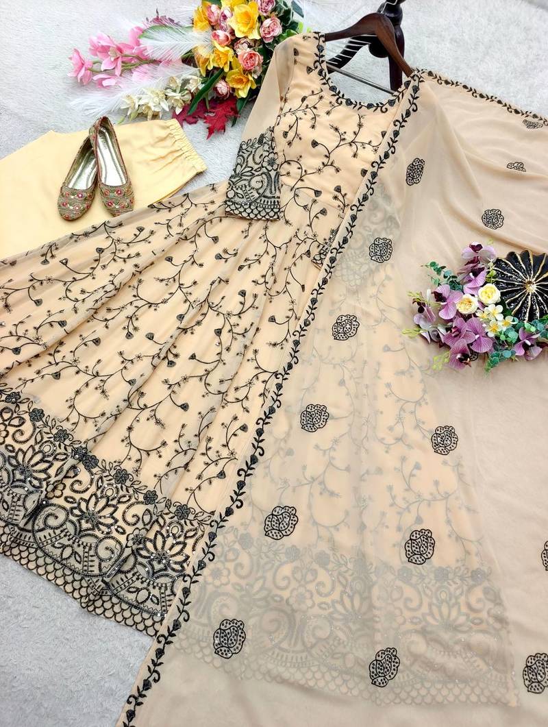 cream color embroidery sequin work faux georgette gown set