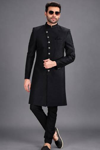 Black art silk sherwani set