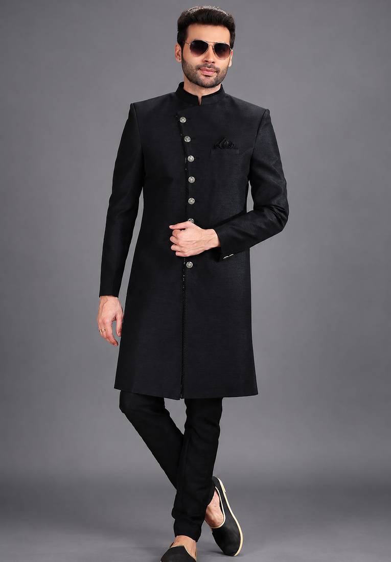 Black art silk sherwani set