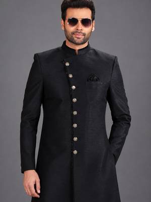 Black art silk sherwani set 2