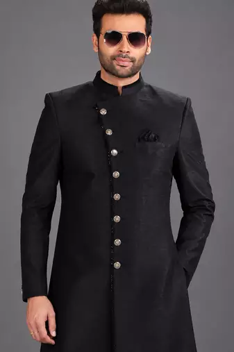 Black art silk sherwani set