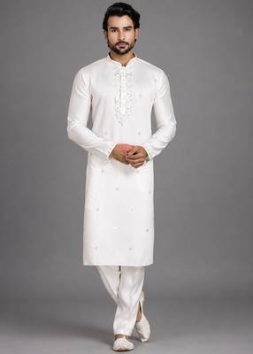Cream art silk kurta pant 1