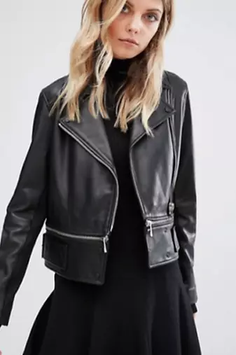 Women’s black  lambskin short zip leather jacket
