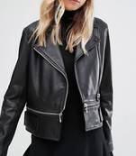 Women’s black  lambskin short zip leather jacket