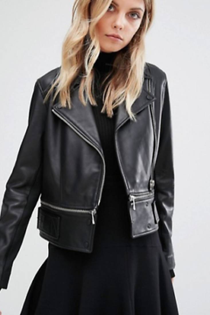 Women’s black  lambskin short zip leather jacket