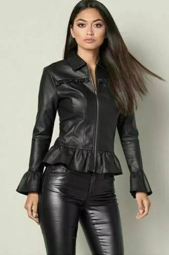 Women’s black  lambskin leather jacket peplum hem shirt style