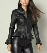 Women’s black  lambskin leather jacket peplum hem shirt style