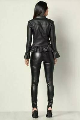 Women’s black  lambskin leather jacket peplum hem shirt style 3