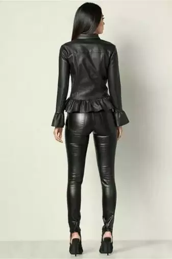 Women’s black  lambskin leather jacket peplum hem shirt style