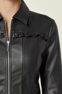 Women’s black  lambskin leather jacket peplum hem shirt style 4
