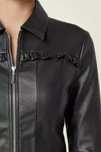 Women’s black  lambskin leather jacket peplum hem shirt style