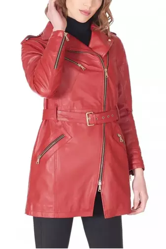 Women’s mid-length belted leather trench-style coat in vibrant red