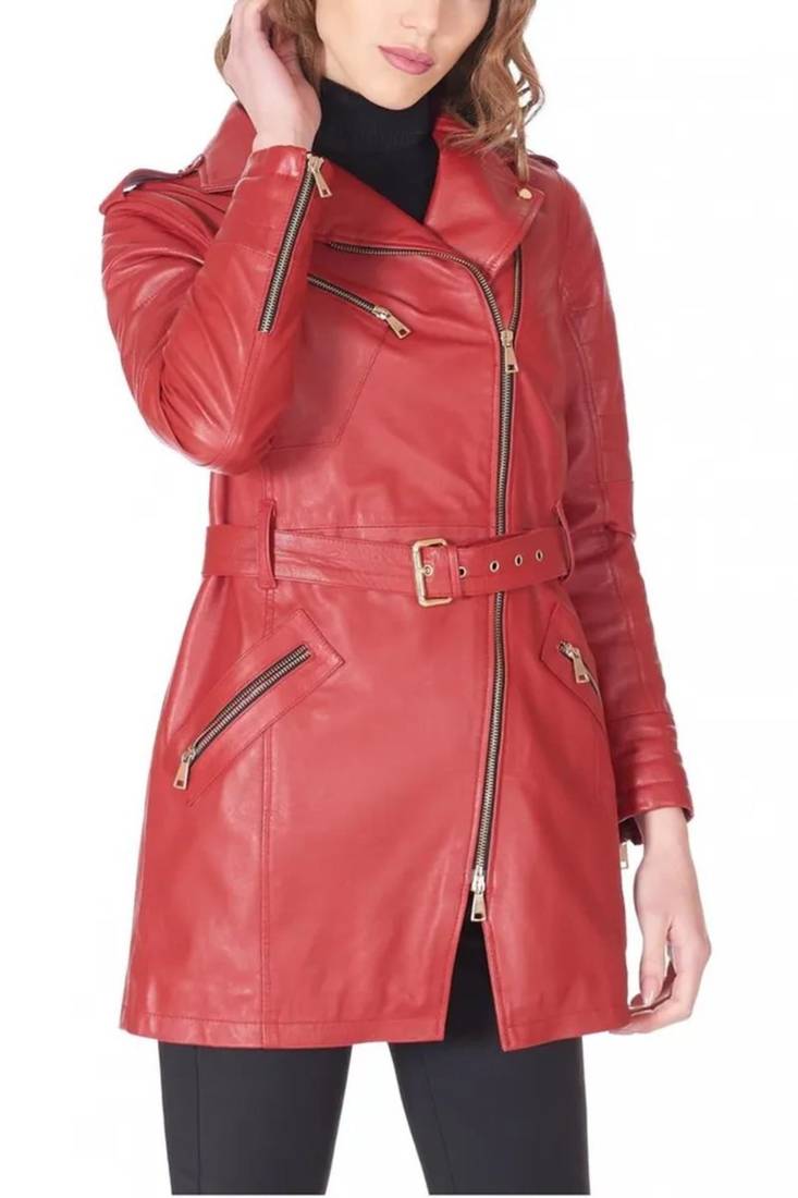 Women’s mid-length belted leather trench-style coat in vibrant red