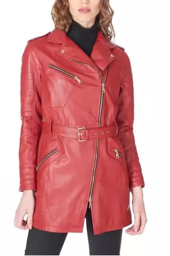 Women’s mid-length belted leather trench-style coat in vibrant red