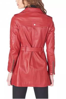 Women’s mid-length belted leather trench-style coat in vibrant red 3